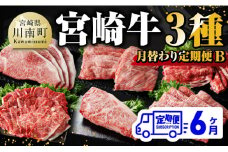 【 6ヶ月定期便 】 宮崎牛 3種 月替わり 定期便B 全6回【 肉 牛肉 国産 宮崎県産 A4～A5等級 宮崎牛 黒毛和牛 和牛 焼肉 しゃぶしゃぶ すきしゃぶ 焼しゃぶ ステーキ 】