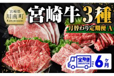 【 6ヶ月定期便 】 宮崎牛 3種 月替わり 定期便A 全6回【 肉 牛肉 国産 宮崎県産 A4～A5等級 宮崎牛 黒毛和牛 和牛 焼肉 しゃぶしゃぶ すきしゃぶ 焼しゃぶ ステーキ 】