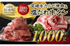  【訳あり】 宮崎牛カルビ焼肉＆塩だれ牛タン　計1,000g 【 肉 宮崎牛 カルビ 牛肉 牛たん たん 厚切り 塩ダレ 塩だれ タン 味付き BBQ 焼肉 焼き肉 焼くだけ おかず 簡単調理 】