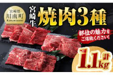 宮崎牛 焼肉 3種 計1.1kg 【 肉 牛 牛肉 国産 黒毛和牛 宮崎牛 BBQ 焼肉 カタロース モモ ウデ 】