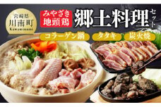 みやざき 地頭鶏　郷土料理(コラーゲン鍋・タタキ・炭火焼)セット【 鶏 肉 鶏肉 国産 とり 九州産 鳥 宮崎県産 炭火焼 たたき タタキ 鍋 セット 】