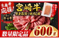 ※令和7年10月発送※宮崎牛 赤身・霜降り焼肉2種600g+粗挽きウインナー【 すき焼き スキヤキ しゃぶしゃぶ スライス 肩ロース ウデ モモ 牛肉 牛 肉 A4ランク 4等級 A5ランク 5等級 ウインナー 焼肉 】