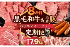 ≪8か月定期便≫黒毛和牛＆県産豚バラエティーセット(焼肉)総重量7.9kg以上 肉 牛 牛肉 国産_T030-180