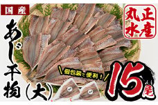 九州産あじの開き(1尾約20cm・計15枚)干物 ひもの 魚 さかな 鯵 アジ おかず 肴 おつまみ 簡単 時短 おかず お弁当 国産 冷凍 宮崎県 門川町【AW-3】【丸正水産】
