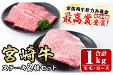 宮崎牛ステーキ(ロース・モモ)セット(合計1kg・各500g)国産 宮崎県産 牛肉 お肉 黒毛和牛 冷凍【R-77】【ミヤチク】