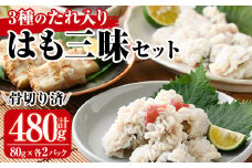 鱧三昧セット(合計480g・3種×各2P)はも ハモ 湯引き タタキ たたき 骨切り 海鮮 おつまみ 梅肉 酢みそ 酢味噌 タレ たれ 国産 小分け 冷凍 魚介 食べ比べ 詰め合わせ 詰合せ 宮崎県産【MR-6】【マルユウ水産】