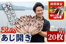 期間限定 塩サバフィーレ1枚付き！＜訳あり＞国産特大あじの開き(計20枚以上)簡易包装 干物 アジ 魚介 水産加工品 開き おかず おつまみ 宮崎県 門川町【AW-22】【丸正水産】
