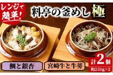 料亭の釜めし・極＜宮崎牛と牛蒡＞＜鯛と銀杏＞（2種各1個）【TW-1】【魚甚閣 常若】