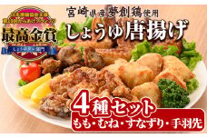 宮崎県産若鶏使用！夢創鶏唐揚げ 4種セット(もも・むね・すなずり・手羽先) 鶏肉 肉 もも肉 むね肉 砂ずり 砂肝 すなぎも 手羽先 テバサキ からあげ 国産 から揚げ カラアゲ 冷凍 レンジアップ レンジ調理 便利 惣菜 宮崎県 門川町【TS-15】【鶏笑】