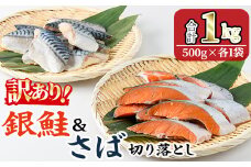 ＜訳あり＞ 銀鮭と骨取りサバの切り落としセット(合計1kg・500g×各1袋) 小分け 切り身 鯖 さば 骨なし 骨取り済 さけ 鮭 しゃけ  鮭切身 カット済 簡単 魚 海鮮  お弁当 おかず 【KI-25】【イチマル食品加工】