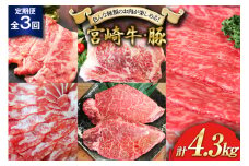 3回 定期便 宮崎牛 宮崎県産 豚 しゃぶしゃぶ すき焼き ステーキ 3ヶ月 コース 合計4.3kg [ローカルブランディング 宮崎県 美郷町 31bb0026] 冷凍 送料無料 国産 牛 肉 豚 もも ロース サーロイン モモ スライス ヒレ フィレ バラ BBQ バーベキュー