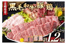 焼肉セット 詰め合わせ 宮崎県産 黒毛和牛 モモ カルビ 豚バラ 若鶏モモ 各300g 計1.2kg [サンアグリフーズ 宮崎県 美郷町 31ba0028] 焼き肉 食べ比べ 牛肉 豚肉 鶏肉 和牛 バラ 鶏モモ 冷凍 小分け 経産牛