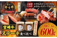 宮崎牛 ステーキ食べ比べセット600g 万能だれ付き | 牛肉 肉 お肉 精肉 リブロース サーロイン ヒレ タレ かけダレ 和えダレ 国産牛 黒毛和牛 和牛 ブランド牛 焼肉 BBQ アウトドア キャンプ グランピング 調味料 お取り寄せ 宮崎県 高千穂町 |_Tk024-006