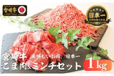宮崎牛 こま肉・ミンチセット1kg | 牛肉 肉 お肉 精肉 ミンチ 挽肉 精肉セット セット 詰め合わせ 国産牛 黒毛和牛 和牛 ブランド牛 贈答 贈り物 ギフト グルメ お取り寄せ 炒め物 料理 アレンジ 牛丼 野菜炒め メンチカツ コロッケ 普段使い BBQ 宮崎県 高千穂町 |_Tk024-019