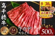 【期間限定】宮崎県産黒毛和牛A4等級以上 高千穂牛ウデスライスすき焼き用 500g + 高千穂牛100％ハンバーグ1個|  ウデスライス 牛肉 肉 お肉 精肉 A4 ブランド牛 国産牛 黒毛和牛 国産 国産牛肉 ハンバーグすき焼き しゃぶしゃぶ 鍋 すきしゃぶ 料理 普段使い 冷凍  |_Tk002-067