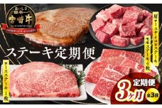 【3か月定期便】宮崎牛ステーキ定期便| 牛肉 肉 肩ロースステーキ サイコロステーキ モモステーキ 赤身 ロース モモ霜降り 宮崎牛 料理 アウトドア キャンプ バーベキュー BBQ  贈り物 贈答 ギフト  おすそ分け パーティー クリスマス お祝い プレゼント |_Tk031-t022