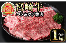 宮崎牛 焼肉2種(ウデ・バラ)(合計1kg・各500g×2)国産 宮崎県産 宮崎牛 牛肉 焼肉 炒め物 国産 A4 ウデ肉 バラ肉【MI007】【(株)ミヤチク宮崎加工センター】