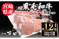 宮崎黒毛和牛100％グリルハンバーグ10個セット(150g×5個・100g×5個)国産 宮崎県産 黒毛和牛 ハンバーグ 炒めもの【AR003】【(有)有田牧畜産業 食肉加工センター】