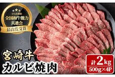 宮崎牛 カルビ焼肉(計2kg・500g×4P) BBQ 牛肉 肉 ブランド牛  冷凍 国産 精肉 お取り寄せ 黒毛和牛 宮崎県 【LJ012】【ローカルブランディング株式会社】