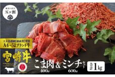 宮崎牛 こま肉＆ミンチセット<合計1㎏>(こま肉400g・ミンチ600g) | 肉 にく お肉 おにく 牛 牛肉 和牛 こま肉 ミンチ セット 宮崎県 五ヶ瀬町
