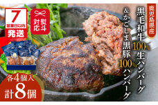 【7営業日以内に発送】【岩元精肉店】鹿児島県産黒毛和牛100%生ハンバーグ& かごしま黒豚100%ハンバーグ(各4個入)　K045-013
