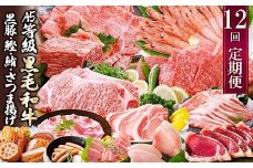 定期便(12回配送)お楽しみ便(A5等級黒毛和牛・黒豚・かつお・まぐろ・さつまあげ等)JJ-6002_ 肉 お肉 牛肉 サーロイン ステーキ 焼肉 ハンバーグ 切り落とし 豚肉 ロース バラ しゃぶしゃぶ 餃子 鰹【1166755】