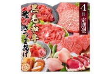 定期便(4回配送)黒毛和牛&まぐろ・かつお・さつま揚げ EE-0046_ 定期便 肉 お肉 牛肉 焼肉 切り落とし さつまあげ 薩摩揚げ カツオのたたき ステーキ びんちょうまぐろ 人気 送料無料 【1166765】