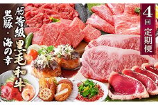 定期便(4回配送)黒毛和牛&黒豚・かつお・さつまあげ NN-0040_ 肉 お肉 牛肉 焼肉 ハンバーグ 切り落とし 薩摩揚げ さつま揚げ サーロイン ステーキ 鰹 生ハム 人気 おすすめ 送料無料 贈答 【1166778】