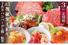 定期便(3回配送)枕崎お楽しみ便(黒毛和牛・黒豚ハンバーグ・まぐろ　かつお丼) LL-6005_ 定期便 黒毛和牛 黒豚 ハンバーグ まぐろ かつお 餃子 手作り 人気 おすすめ 送料無料 鰹 かつお ステーキ 鹿児島県 枕崎 【1462804】