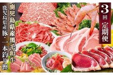 定期便(3ケ月配送)鹿児島県産黒毛和牛・豚肉・一本釣りかつお LL-6038_ 肉 お肉 牛肉 切り落とし 黒毛和牛 海老 テキカツ 赤身 鰹 黒豚 切り落とし 生ハム 人気 送料無料 鹿児島県 枕崎 おすすめ 【1473524】