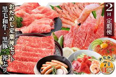 定期便2回配送　鹿児島県産黒毛和牛・黒豚・漬丼　お試し定期便セット DD-6007_ 定期便 黒毛和牛 黒豚 かつお マグロ 海老 人気 おすすめ 送料無料 鹿児島県 枕崎 ソーセージ 赤身 【1486099】
