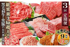 総重量3Kg越え、鹿児島県産黒毛和牛と黒豚のお料理定期便(3回配送)　EE0-0002_ 定期便 黒毛和牛 豚ロース 黒豚 牛すじ ミンチ 肉 おすすめ 送料無料 贈答 ギフト 【1504377】