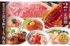 定期便2回配送　鹿児島県産黒毛和牛・うなぎ　CC0-0001_ うなぎ ウナギ 鰻 国産 鹿児島県 枕崎 定期便 かつお マグロ ネギトロ セット 食べ比べ サーロインステーキ ハンバーグ 丼 ホルモン 黒豚 人気 産地直送 【1542064】