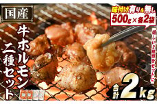 ＜選べる2種＞国産牛ホルモン2種セット(合計2kg) 国産 特産品 牛 小腸 味付 パック 詰め合わせ 詰合せ 炒め物 鍋 モツ おかず お弁当 akn031-01