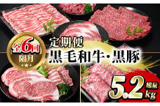 ＜定期便・全6回(偶数月)＞鹿児島県産黒毛和牛・黒豚定期便(総量約5.2kg)国産 九州産 鹿児島産 牛肉 国産牛 豚肉 サーロイン ステーキ 切り落とし 切落し カルビ 焼肉 焼き肉 焼肉セット 黒豚 バラ肉 すき焼き しゃぶしゃぶ 頒布会 akn042-28