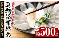 真鯛昆布締め(約500g) 鹿児島県 阿久根市 たい タイ 真鯛 魚貝 魚介 海産物 昆布〆 風味 旨味 おかず おつまみ【さるがく水産】akn028-49