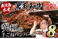 i218 鹿児島県産！黒毛和牛の究極の手ごねハンバーグ(100g×8個)  ハンバーグ 牛肉 黒毛和牛 100％ 国産 冷凍配送 冷凍ハンバーグ おかず 手ごねハンバーグ 安心安全 簡単調理 8個 網脂あり 【スーパーよしだ】