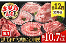 i1008 ＜定期便・計12回(連続)＞黒毛和牛黒豚定期便(総計約10.7kg以上) 国産 九州産 鹿児島産 黒毛和牛 牛肉 国産牛 黒豚 豚肉 サーロイン ステーキ 切り落とし 切落し しゃぶしゃぶ すき焼き 定期便 12回 冷凍配送 【スターゼン】