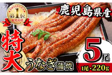i1078-C ＼特大サイズ／鹿児島県産 うなぎ蒲焼 5尾（約220g×5・計約1100g） たれ 山椒付きうなぎ 鰻 ウナギ 特大 特大サイズ 約220g 蒲焼き 国産 鹿児島県産 焼きたて 生産量日本一 真空パック おかず 晩御飯 特別な日 土用の丑の日 【薩摩川内鰻】