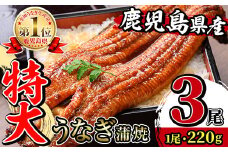 i1078-B ＼特大サイズ／鹿児島県産 うなぎ蒲焼 3尾（約220g×3・計約660g） たれ 山椒付きうなぎ 鰻 ウナギ 特大 特大サイズ 約220g 蒲焼き 国産 鹿児島県産 焼きたて 生産量日本一 真空パック おかず 晩御飯 特別な日 土用の丑の日 【薩摩川内鰻】