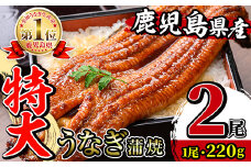 i1078-A ＼特大サイズ／鹿児島県産 うなぎ蒲焼 2尾（約220g×2・計約440g） たれ 山椒付きうなぎ 鰻 ウナギ 特大 特大サイズ 約220g 蒲焼き 国産 鹿児島県産 焼きたて 生産量日本一 真空パック おかず 晩御飯 特別な日 土用の丑の日 【薩摩川内鰻】