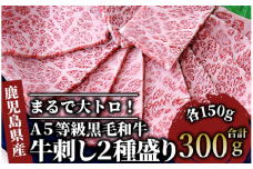 「まるで大トロ！とろけるくちどけ」A5等級鹿児島県産黒毛和牛牛刺し2種盛り300g(カミチク/022-1003)ふるさと納税 指宿市 特産品 国産 個包装 牛肉 肉 焼肉 牛握り 炙り 寿司 ユッケ