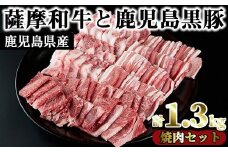 No.423 薩摩和牛と鹿児島黒豚の焼肉セット(合計1.3kg・肩ロース バラ焼肉用500g、モモもしくはカタ焼肉用 400g、黒豚バラ焼肉用 400g)国産 九州産 和牛 黒豚 豚肉 ロース 肩肉 カタ バラ 焼肉【さつま屋産業】