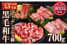No.508-03 ＜A5等級＞鹿児島県産黒毛和牛すき焼きしゃぶしゃぶ(計700g・霜降りスライス200g×1P、赤身スライス200g×1P、特選切り落とし300g×1P)国産 九州産 牛肉 黒毛和牛 和牛 赤身 霜降り A5 A5等級 しゃぶしゃぶ すき焼き 食べ比べ 冷凍【カミチク】