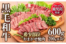 No.547 鹿児島県産黒毛和牛希少部位おまかせ焼肉(計600g・200g×3P)国産 九州産 牛肉 黒毛和牛 和牛 焼肉 焼き肉 希少部位 ミスジ 三角バラ フランク カイノミ 冷凍【カミチク】