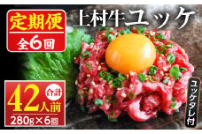 No.955 ＜定期便・全6回(連続)＞自慢の自社ブランド牛「上村牛ユッケ」(42人前・40g×7P×6回)国産 九州産 牛肉 黒毛和牛 和牛 定期便 頒布会ユッケ 小分け 冷凍 ギフト 贈答【カミチク】