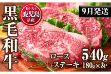 No.510-m09 ＜2025年9月中に発送予定＞鹿児島県産黒毛和牛ロースステーキ(計540g・180g×3P)国産 九州産 牛肉 黒毛和牛 和牛 ロース ステーキ おかず 冷凍【カミチク】