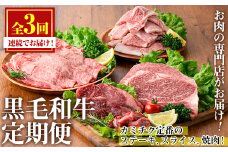 No.1247 ＜定期便・全3回(連続)＞カミチクの定番！鹿児島県産黒毛和牛定期便(合計1.3kg) 牛肉 黒毛和牛 和牛 ステーキ スライス 焼肉 BBQ キャンプ 定期便 頒布会 A5 冷凍 ギフト 贈答【カミチク】