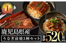 無投薬！鹿児島県産うなぎ蒲焼3種セット(合計520g以上・ 長焼き160g以上×2尾・カット約50g×2枚・きざみ50g×2袋) タレ・山椒付き 鰻 ウナギ 国産【西日本養鰻】A508-v01