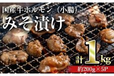 国産牛ホルモン（小腸）みそ漬け(計1kg・約200g×5パック) 牛肉 ホルモン みそ漬け【おきどき】A817-v01